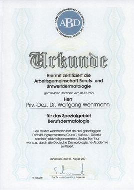Urkunde Berufsdermatologie - Prof. Dr. W. Wehrmann