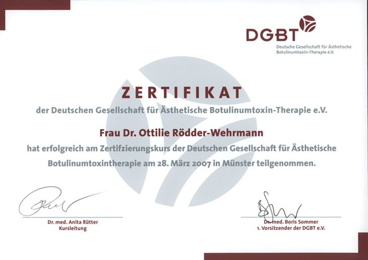 Zertifikat Ästhetische Botulinumtoxin-Therapie - Dr. O. Rödder-Wehrmann